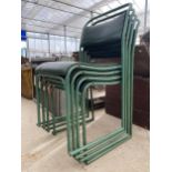 FOUR TUBULAR METAL STACKING CHAIRS WITH FAUX LEATHER SEATS AND BACK