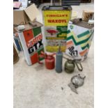 AN ASSORTMENT OF VINTAGE ITEMS TO INCLUDE A CASTROL OIL CAN, A BP OIL CAN, A DRAPER PUMP ACTION