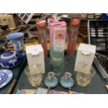 A QUANTITY OF GLASSWARE TO INCLUDE, ROYAL ALBERT BOXED CANDLE HOLDERS, BUD VASES, ETC