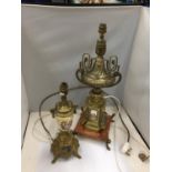 TWO DECORATIVE GILDED AND CERAMIC LAMPS ONE ON AN ONYX BASE