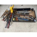 A LARGE ASSORTMENT OF TOOLS TO INCLUDE AN ELECTRIC HEDGE TRIMMER, SPANNERS AND MOLE GRIPS ETC