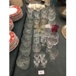 A QUANTITY OF GLASSES TO INCLUDE, WINE, SHERRY, WHISKY, LICQUER, ETC