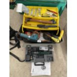 AN ASSORTMENT OF TOOLS TO INCLUDE A BLACK AND DECKER DRILL, A BOSCH SCREWDRIVER AND HAND TOOLS ETC