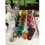A QUANTITY OF GLASSWARE TO INCLUDE FLORAL GOBLETS, CHAMPAGNE FLUTES, PAPERWEIGHTS, ETC