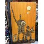 A MODERN 3D PAINTING OF A MAN ON DONKEY AND FURTHER FIGURE (A/F) AND A CANVAS PRINT OF A BAY HORSE