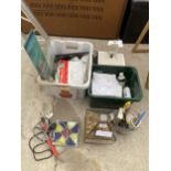 AN ASSORTMENT OF ITEMS TO INCLUDE SOLDERING IRONS, A STAIN GLASS PANEL AND HAND TOOLS ETC