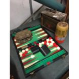 FOUR ITEMS TO INCLUDE A VINTAGE FIRST AID BOX, ANTI FROST HEATER, BACKGAMMON SET AND A BEADED BOX