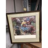 A FRAMED PRINT BY CLAIRE EVA BURTON OF WILLIE CARSON RIDING HIS FOUR DERBY WINNERS SIGNED BY THE