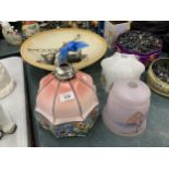 FOUR VINTAGE GLASS LAMPSHADES TO INCLUDE A CEILING ONE, PINK, ETC