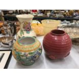 FOUR VASES TO INCLUDE, HONITON DEVON POTTERY, A GLASS ORANGE MOTTLED DESIGN, BULBOUS SHAPE- SIGNED