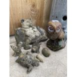 AN ASSORTMENT OF RECONSTITTUED STONE GARDEN FIGURES TO INCLUDE A CAT AND OWLS ETC