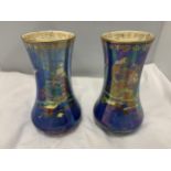 TWO CROWN DEVON LUSTRE VASES IN BLUE WITH SHIP DECORATION, HEIGHT 24CM