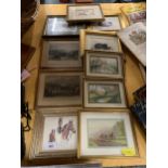 TEN SMALL FRAMED PRINTS TO INCLUDE, HORSES, CATS, COUNTRY SCENES, ETC