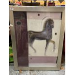 A FRAMED PRINT OF A PRANCING HORSE