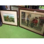TWO OAK FRAMED PRINTS ONE OF HORSES AND THE OTHER OF A VETERAN SOLDIER AND A BOY ENTITLED A CHIP