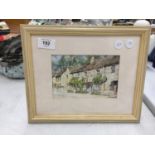 A WATERCOLOUR OF COTTAGES SIGNED SMITH, 28CM X 23CM