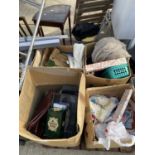 AN ASSORTMENT OF HOUSEHOLD CLEARANCE ITEMS TO INCLUDE CLOTHES, A WALKING FRAME AND HANDBAGS ETC