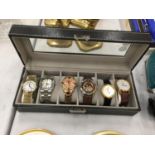 A BOX CONTAINING SIX WRISTWATCHES TO INCLUDE, OLEV, SEKSY, BULOVA, ETC. WORKING AT TIME OF LOTTING