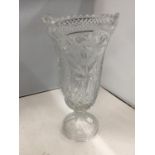 A LARGE HEAVY CUT GLASS VASE HEIGHT 33CM