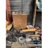 AN ASSORTMENT OF ITEMS TO INCLUDE A VINTAGE FUEL CAN WITH BRASS SHELL CAP, TWO FLAT IRONS AND A
