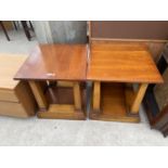 TWO MODERN CHERRY WOOD LAMP TABLES ON COLUMN SUPPORTS WITH SOLID BASES