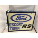 AN ILLUMINATED FORD ESCORT RS TURBO SIGN, SIZE APPROX 36 CM X 46 CM