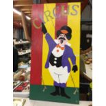 A LARGE HANDPAINTED CIRCUS SIGN 61CM X 122CM