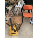 AN ASSORTMENT OF VINTAGE ITEMS TO INCLUDE A HIGH CHAIR, TWO STACKING CHAIRS AND A GUITAR