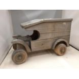 A WOODEN TOY LORRY, HEIGHT 27CM, LENGTH 43CM