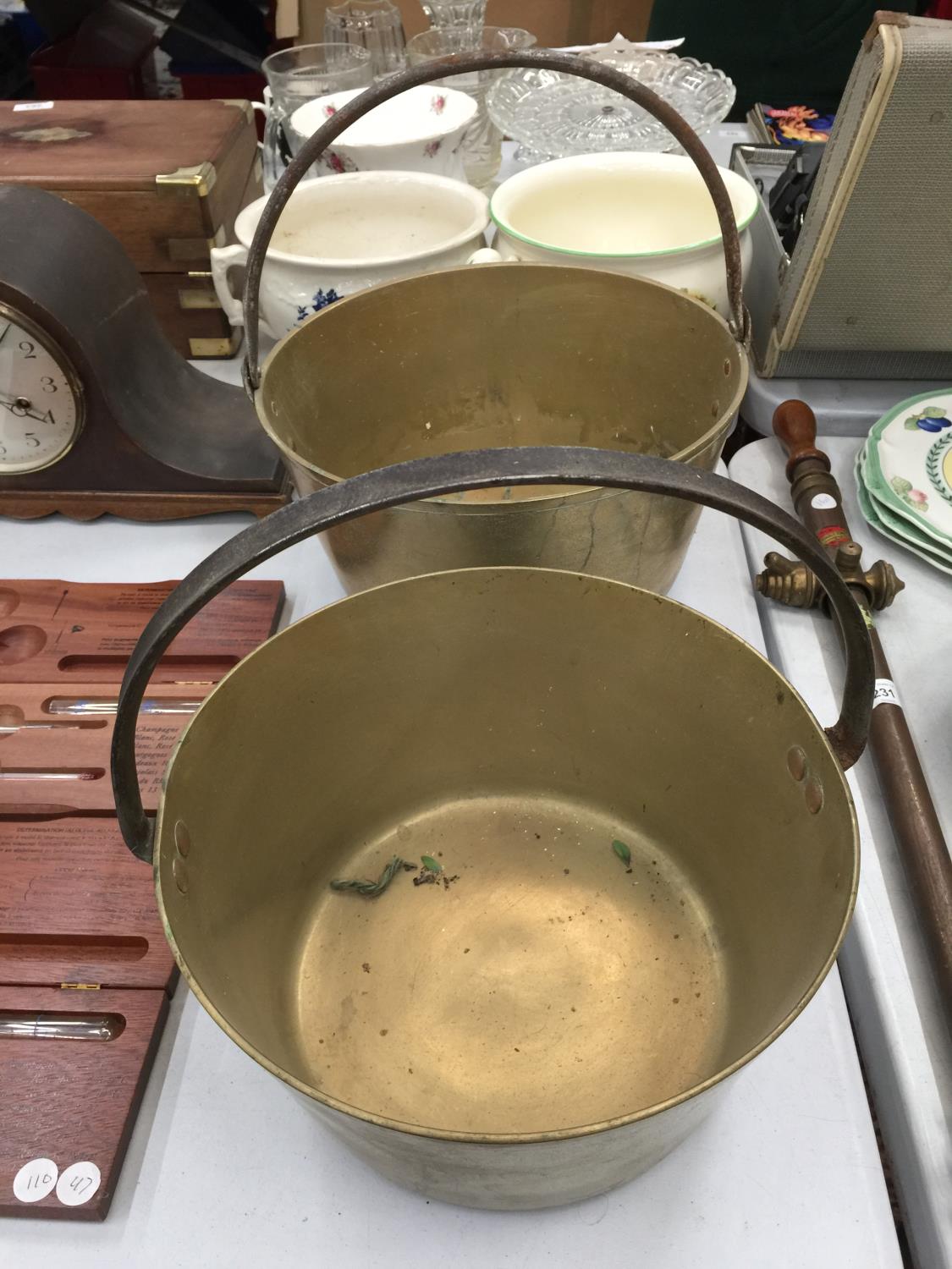 TWO HEAVY BRASS JAM PANS, DIAMETERS 32CM AND 30CM