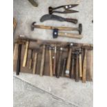 A LARGE ASSORTMENT OF VINTAGE TOOLS TO MAINLY INCLUDE HAMMERS ETC