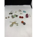 TWELVE PAIRS OF SILVER EARRINGS TO INCLUDE FLOWERS, DROPS, HEARTS ETC