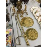 A QUANTITY OF BRASSWARE TO INCLUDE, A COMPANION SET, PLAQUES, FIRE DOGS, ETC
