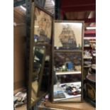 TWO FRAMED MIRRORS WITH IMAGES OF SHIPS, SIZE 59CM X 23CM