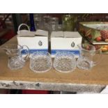 TWO WATERFORD CRYSTAL CREAM JUGS AND MATCHING SUGAR BOWLS