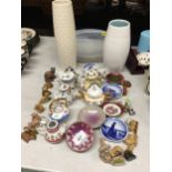 A COLLECTION OF ITEMS TO INCLUDE MINIATURE TEAPOTS, WADE WHIMSIES, PIN DISHES, VASES, ETC