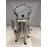 A LATE 19TH CENTURY SILVER PLATED KETTLE AND SPIRIT BURNER STAND WITH ORNATE DECORATION AND