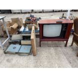 A PYE VIEW DATA STUDIO COLOUR TV IN A TEAK CABINET, TWO BUSH RECORD PLAYERS AND A QUANTITY OF H.M.