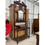 A VICTORIAN MAHOGANY MIRROR AND TILED BACK COAT/STICK STAND WITH DRAWER, 36" WIDE
