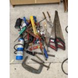 AN ASSORTMENT OF TOOLS TO INCLUDE A G CLAMP, CHISELS AND PLIERS ETC