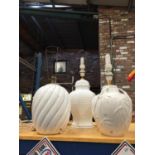 THREE LARGE WHITE LAMP BASES APPROX HEIGHT OF BASE 29CM