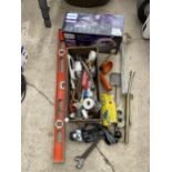 AN ASSORTMENT OF ITEMS TO INCLUDE PIPE CUTTERS, A SPIRITR LEVEL AND AN IRON ETC