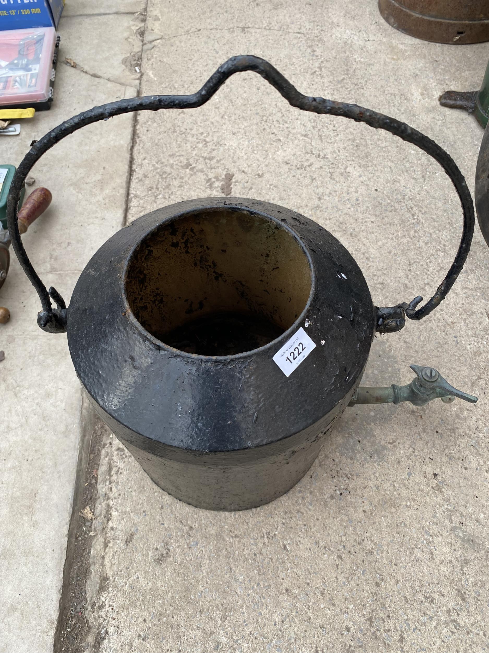 A VINTAGE CAST IRON HANGING WATER KETTLE WITH BRASS TAP - Image 3 of 4
