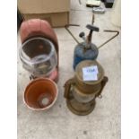 THREE VINTAGE OIL BURNERS TO INCLUDE AN OIL LAMP, A PARAFIN LAMP AND A CAMPING STIOVE ETC