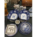 A COLLECTION OF ITEMS TO INCLUDE, A DRAGON ORNAMENT, TWO WHITE TRIVETS, FLORAL PATTERNED BLUE AND