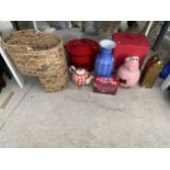 AN ASSORTMENT OF ITEMS TO INCLUDE AN ENAMEL BREAD BIN, A CERAMIC TEAPOT AND A PIG BISCUIT BARREL ETC