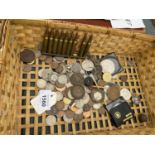 AN ASSORTMENT OF VINTAGE COINS TO ALSO INCLUDE RIFLE SHELLS