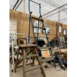 A TUBULAR METAL FIVE RUNG STEP LADDER, A VINTAGE TWO RUNG WOODEN STEP LADDER AND A FURTHER KITCHEN