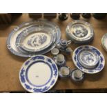 A QUANTITY OF BLUE AND WHITE CERAMICS TO INCLUDE CAULDON PLATES, WOOD & SONS PLATTERS, CUPS,