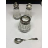 FOUR ITEMS TO INCLUDE THREE CUT GLASS POTS WITH HALLMARKED BIRMINGHAM SILVER LIDS AND COLLARS AND